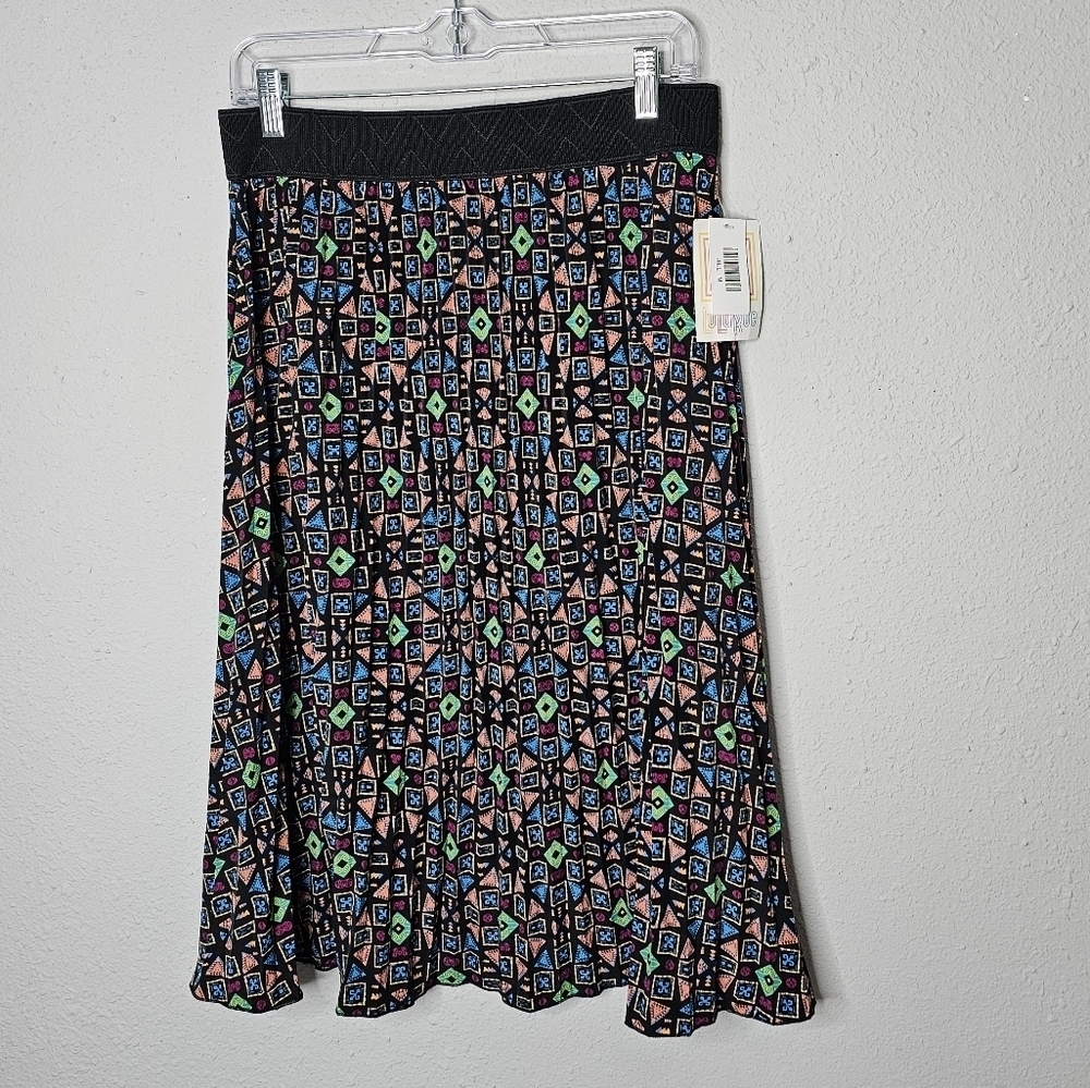 LuLaRoe Jill Pleated Midi Skirt Womens Medium Black Neon Geometric Print NWT